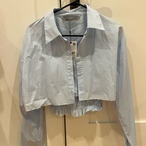 Zara cropped long sleeve collar shirt with cropped tank underneath in light blue
